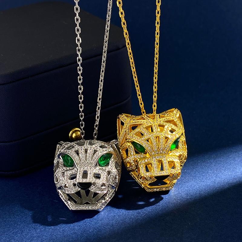 Gold Plated Leopard Head Pendant Necklace With Rhinestones Irregular Cutout Punk Style Long Chain Sweater
