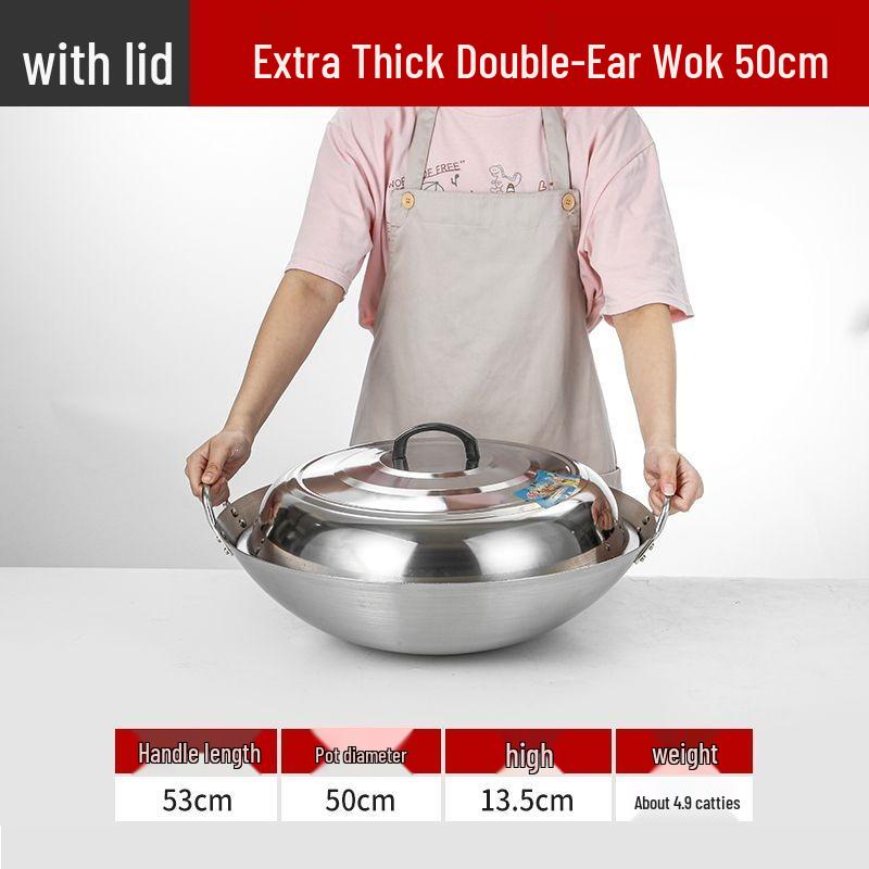 Extra Thick Stainless Steel Double Ear Wok - Large Round Bottom Pot for Commercial Kitchens, Gas Stove Compatible