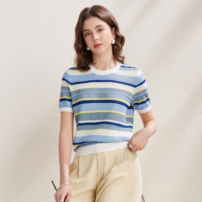 Zhaojun Women's Striped Mulberry Silk Blend Knit T-Shirt