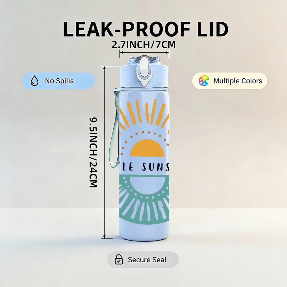 1PC Retro Sun Badge Art 750ml Color Plastic Sports Water Bottle Leakproof Flip Straw Lid Suitable for Sports Office Home Use