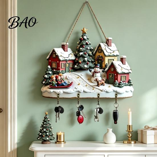 Christmas Gift for Home Winter Village Wooden Wall Hanging, Snow House Snowman Plaque, 4 Hook Lightweight Ornament Mount Key Holder, Holiday