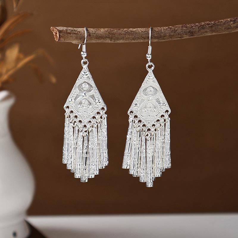 Ethnic Miao Silver Tassel Earrings - Retro Long Dangle Scenic Studs for Women