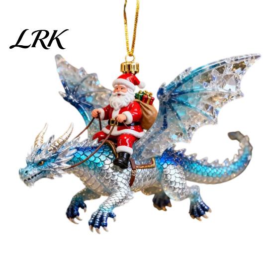 Fantasy Style Ornament Santa Claus Dragon Rider Christmas Ornament, 2D Acrylic Red Durable Resin Decoration with Flying Tree Hanging Decorations