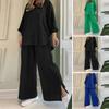 Ensemble 2 pièces en coton lin pour femme Chemises boutonnées à manches 3/4 et pantalon large fendu Ensemble de survêtement décontracté et ample pour le lounge