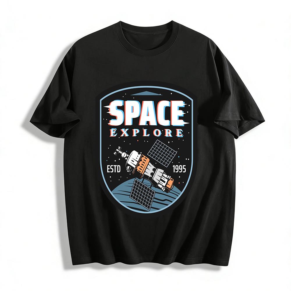 Vintage Space Explore Satellite Graphic Casual T-Shirt Pure cotton T-shirt XXS