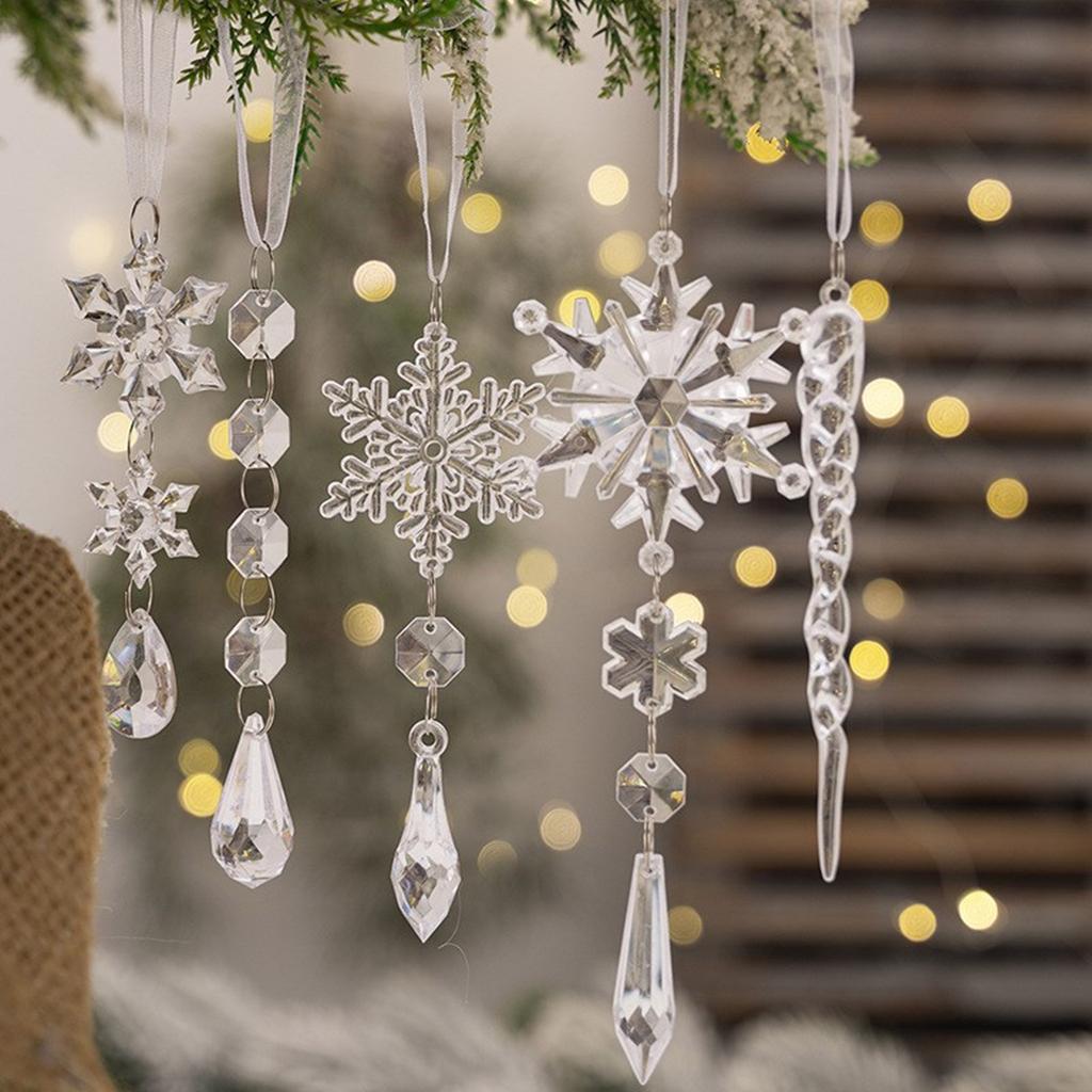 18Pcs Crystal Clear Acrylic Snowflakes And Icicles Christmas Tree Hanging Decorations Winter Theme Festive Adornments