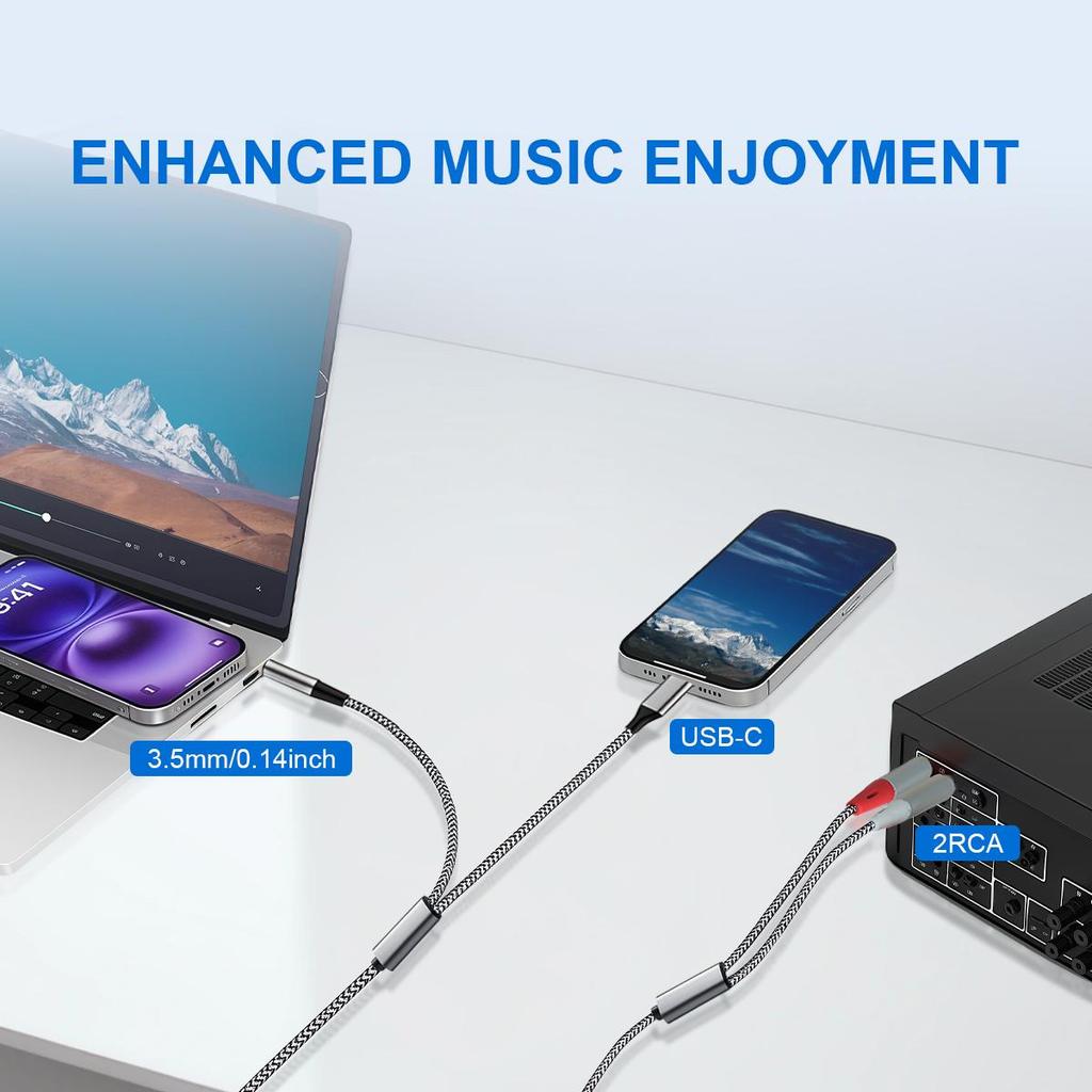 2 In 1 USB C To 2 RCA & 3.5mm Aux Audio Cable Adapter - HiFi Sound, Headphone Jack Compatible, Ideal for Power Amplifier/Car/Home Theate