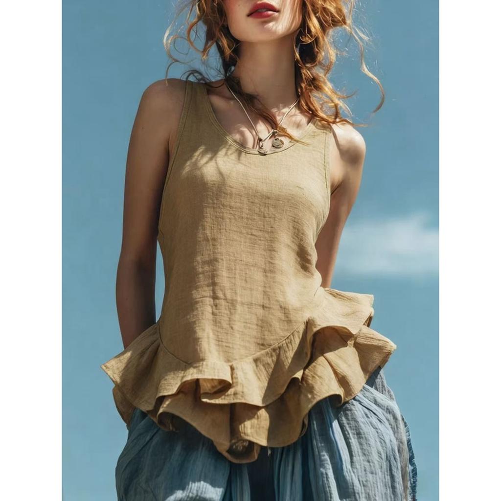 Spring Summer New Women's Casual Fashion Sleeveless Ruffled Hem Top, European American Style for Crossborder Outfit