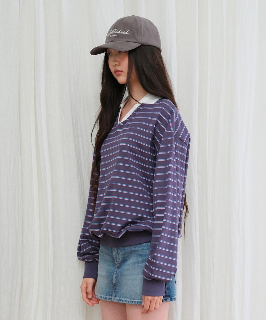 AMES-WORLDWIDE V Neck Collar Stripe Sweatshirt Purple