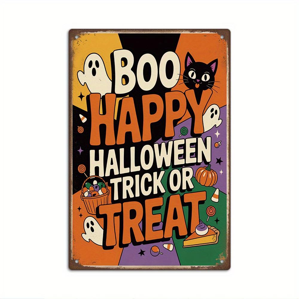 Putuo Decor 1pc Halloween Vintage Metal Tin Sign, Boo Happy Halloween Trick or Treat, Wall Art Decor for Halloween Party, Gift F