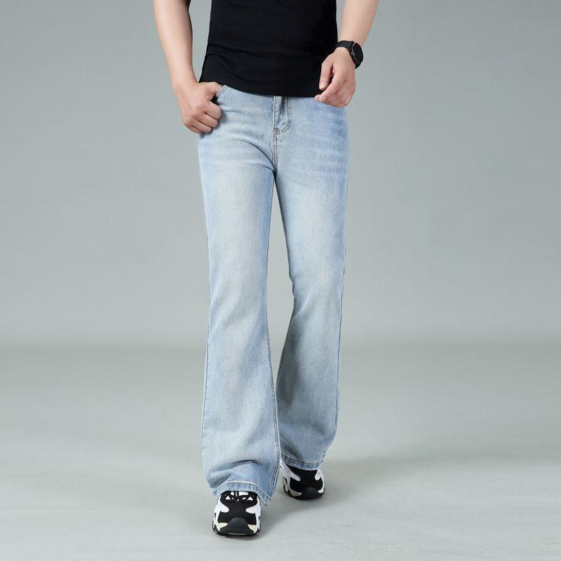 Men's Mid-Rise Flared Jeans Men's Slim Fit Casual Denim Trousers Light Blue Jeans