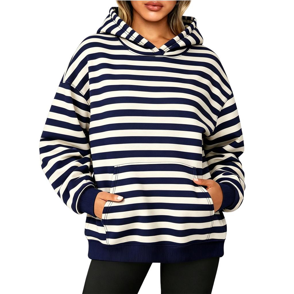 Women's Long Sleeve Striped Hoodie with Pocket - Casual Pullover Sweatshirt