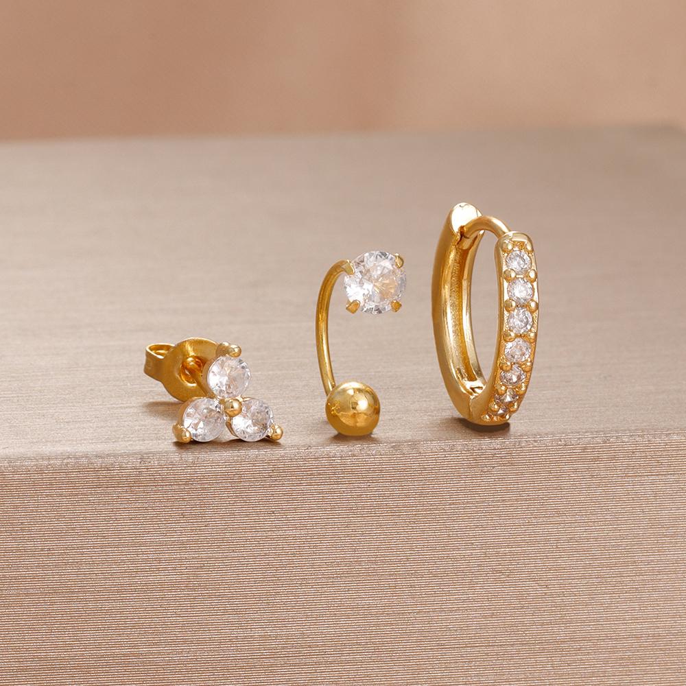 3 Pieces Stainless Steel Hoop Earrings Set For Women Crystal Zircon Huggie Flower Water Drop Trendy Earring Piercing Jewelry