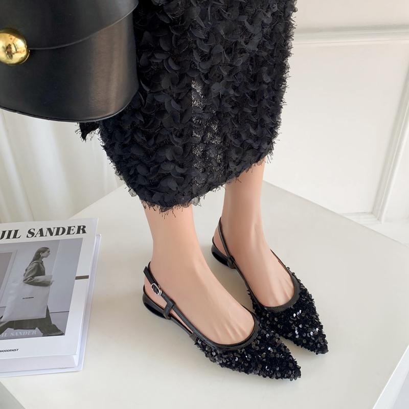 Fashion 2024 Women's New Nightclub Pointed Shining Metal Elastic Buckle Leather Cowhide Comfortable Low Heel Large Headed Muller Sandals