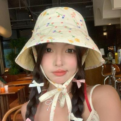 Women's Cute Japanese Floral Bucket Hat - Double-Sided, Large Brim, Sun Protection, Slimming Effect for Summer