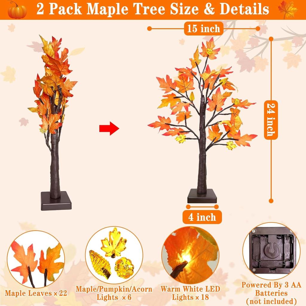 Thanksgiving Decorations, 2 Pack 24''/2FT Prelit Fall Maple Tree Fall Decor Total 48 LED Timer Battery Operated Lighted Pumpkins Acorns Maples Leaves
