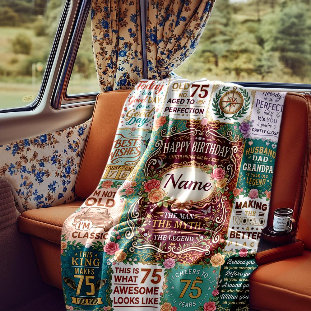Happy 75Th Birthday Celebration Blanket Personalized Name Soft Comfortable Stylish Blanket Car Blanket Perfect For Travel Camping Outdoor Home