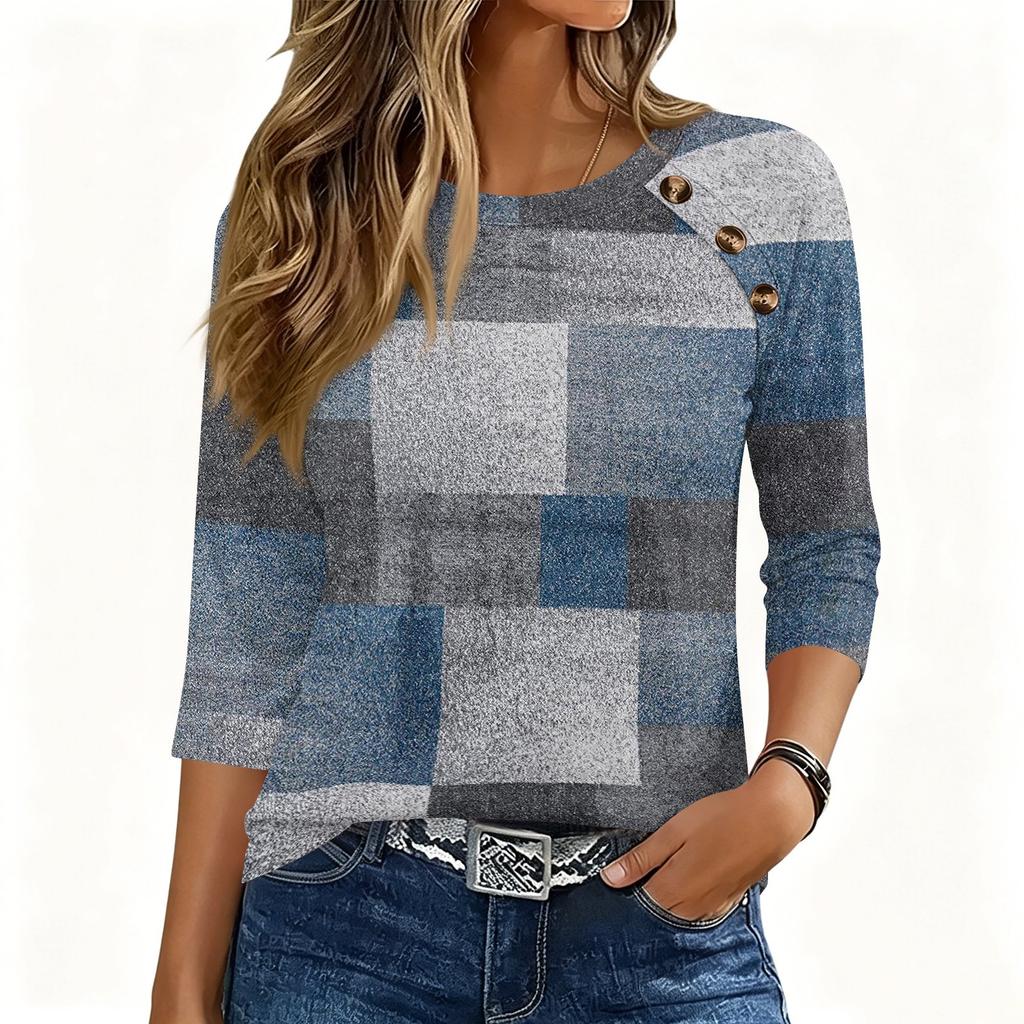 Women 34 Sleeve Crew Neck Button Decor Top Geometric Pattern Casual Loose Fit Blouse for Daily Wear Office Travel