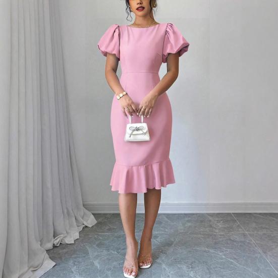 Women's Short Puff Sleeve Bodycon Dresses Crew Neck Ruffle Mermaid Hem Dress Cocktail Wedding