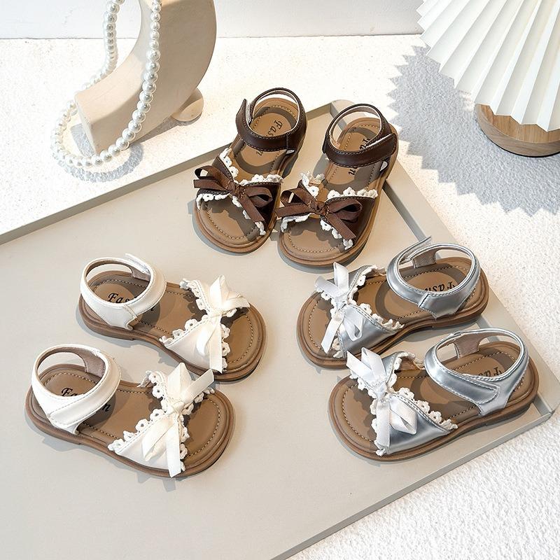 New Spring and Summer Korean-style Girls Sandals, Bow Lace Fringe Flat Princess Shoes for Kids