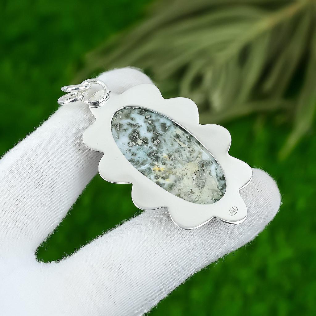 Natural Tree Agate Gemstone Pendant Green 925 Sterling Silver Indian Jewelry