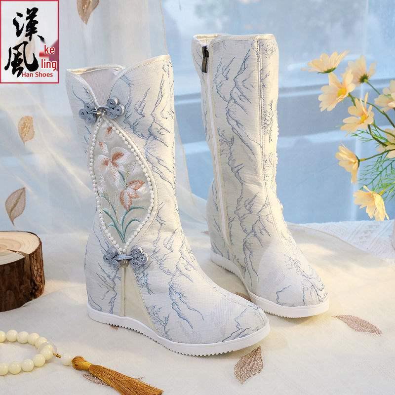 Vyšívané zimní Hanfu kozačky po kolena: Etnický styl, Plyšová bavlna, Vnitřní zvýšení výšky