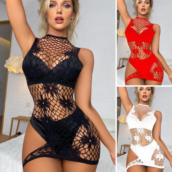 Women Sex Nightdress Hollow Out See-through Fishnet Sleeveless High Elasticity Thin Skinny Off Shoulder Lady Honeymoon Wedding Night Sleepwear