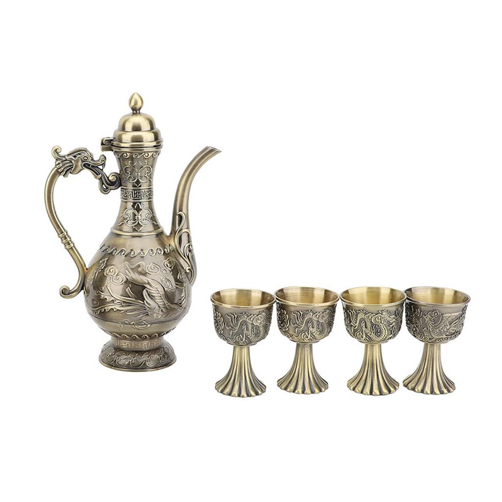Turkish Tea Set Vintage Exquisite Luxurious Metal Teapot Tea Tray and 4 Cups Set for Home Bronze