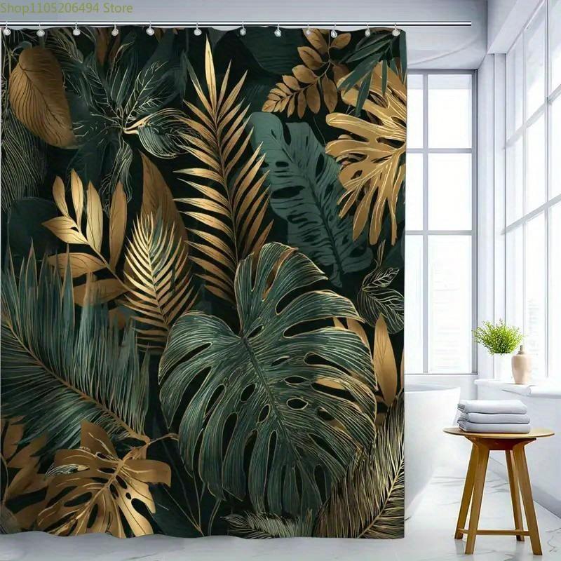 1pc Golden Green Leaf Bathroom Shower Curtain, Tropical Style, Modern Fashion Shower Curtain, Includes 12 Hooks, 180*180cm Bat