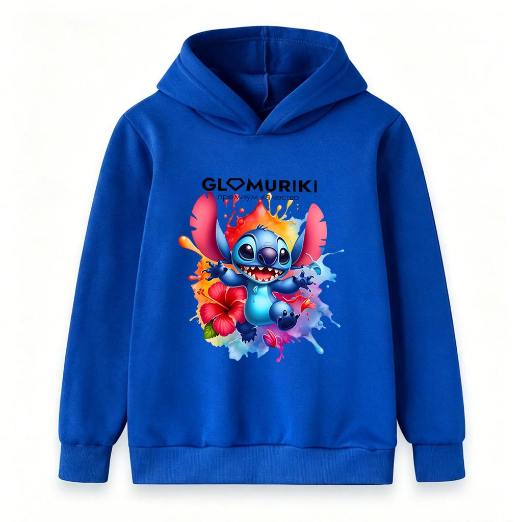 Kids Boys Girls Casual Stitch Print Long Sleeve Hoodie, Cute Cartoon Graphic Pullover Sweatshirt, Colorful Floral Paint Splash Pattern Soft Hooded Top
