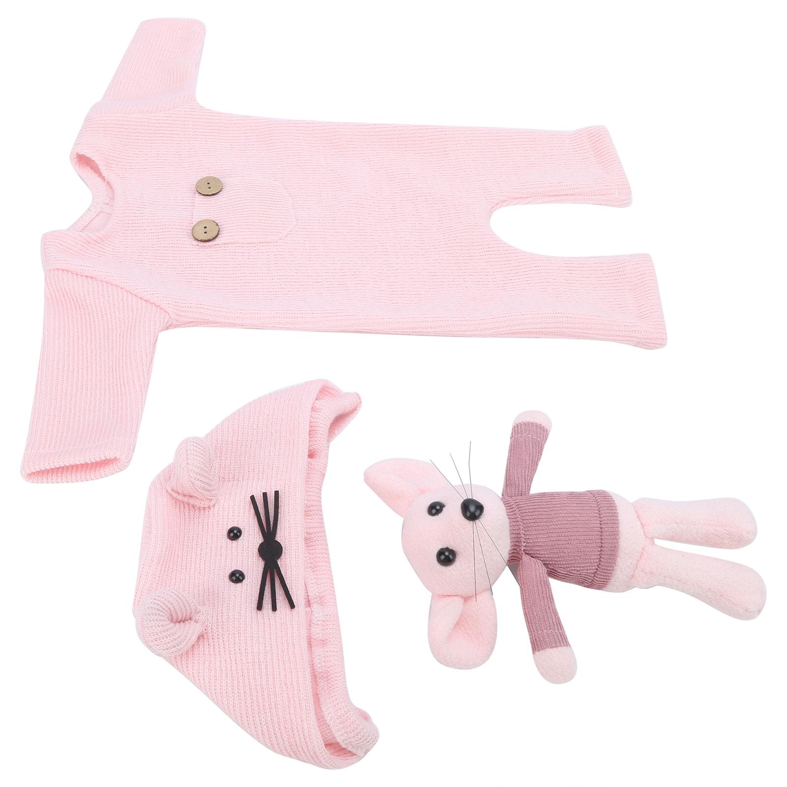 

Baby Photography Outfit Soft SkinFriendly Knitted Rompers Cute Hat Mouse Doll Photo Prop Set(White Hat Doll Rompers)