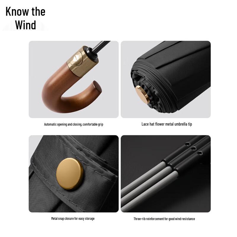 Zhifeng Men's Solid Wood Curved Handle Three-Fold Business Umbrella