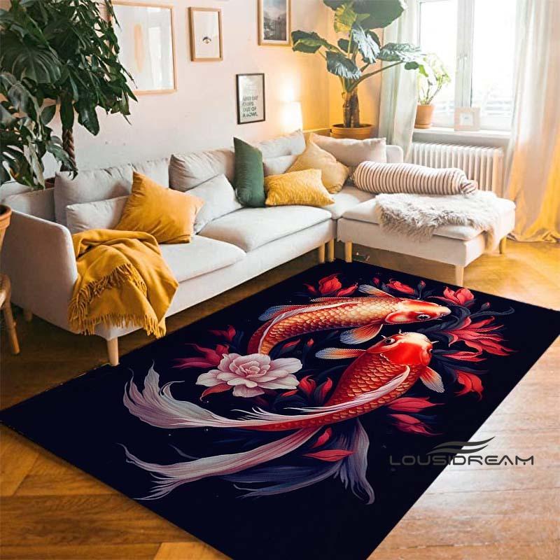 Tappeto Cartoon Lussuoso Pesce Koi Fortunato Yin Yang Carpa per Camera da Letto Soggiorno Divano Tappetino d'Ingresso Casa, Tappetino Pavimento Grande Antiscivolo per Bambini