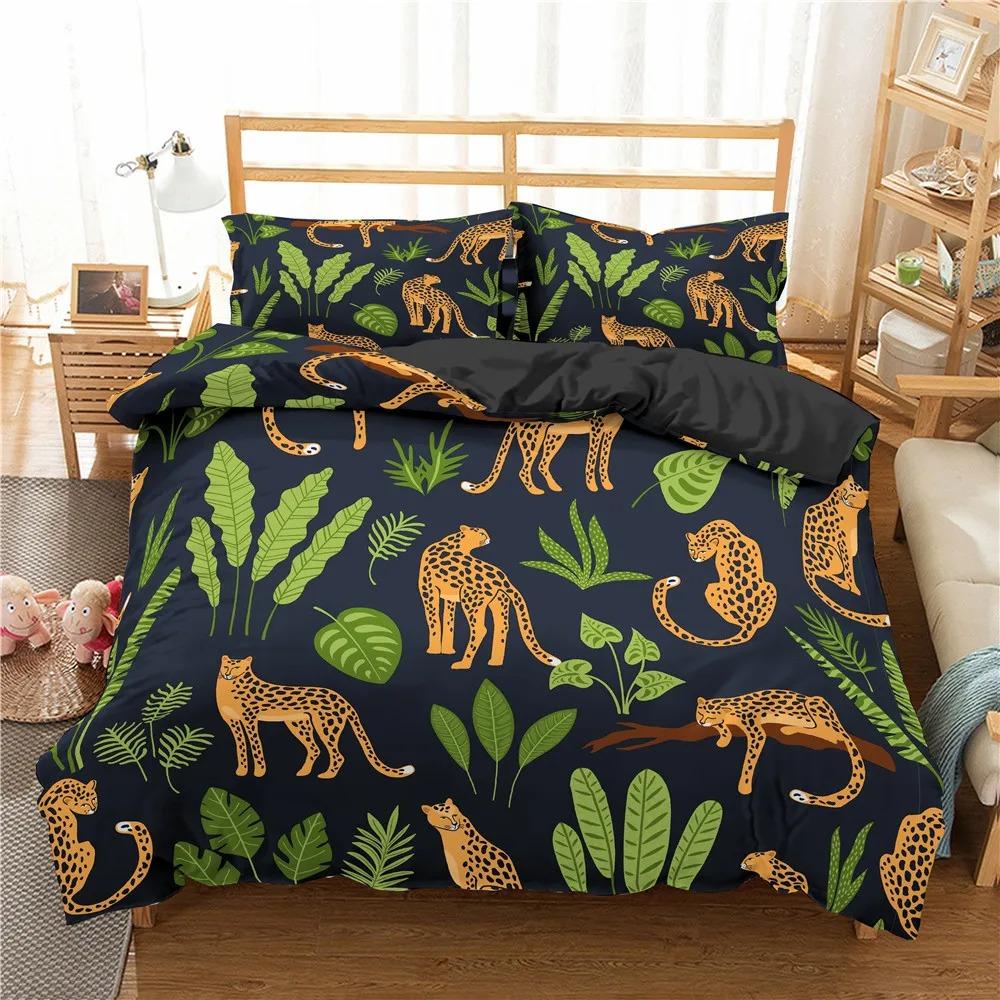 Jungle Animal Duvet Cover King Queen Tropical Plants Palm Leaves Bedding Set Kids Tiger Wildlife 23pcs Polyester Quilt Cover
