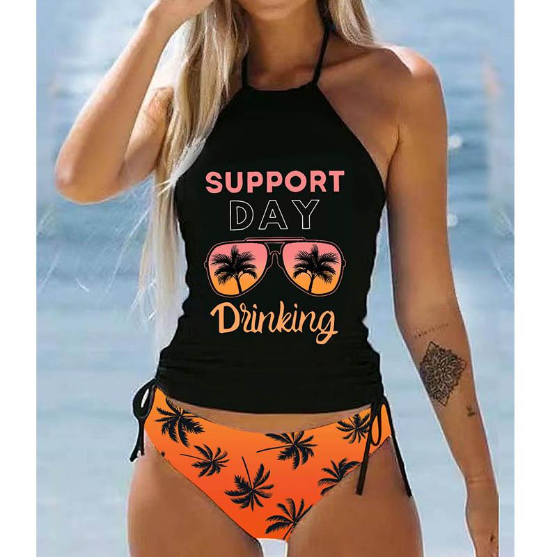 Women's Colorful Sunset Print Halter Bikini Tankini Swimsuit