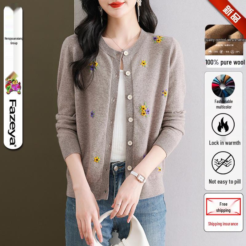 Women's Floral Embroidered Pure Wool Knit Cardigan Sweater