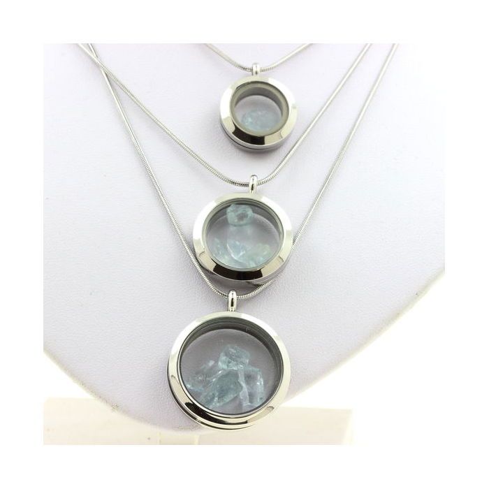 Pierres et Minéraux. Collier Aigue-Marine brut. Modèle Médaillon 20 mm. Couleur Argent.