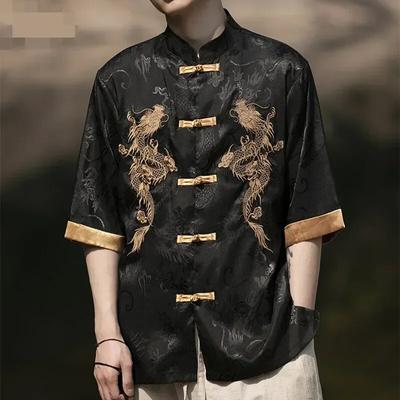 Summer Chinese Traditional Dress High Quality Dragon Embroidery Shirt Men Ice Silk Short Sleeve Shirts