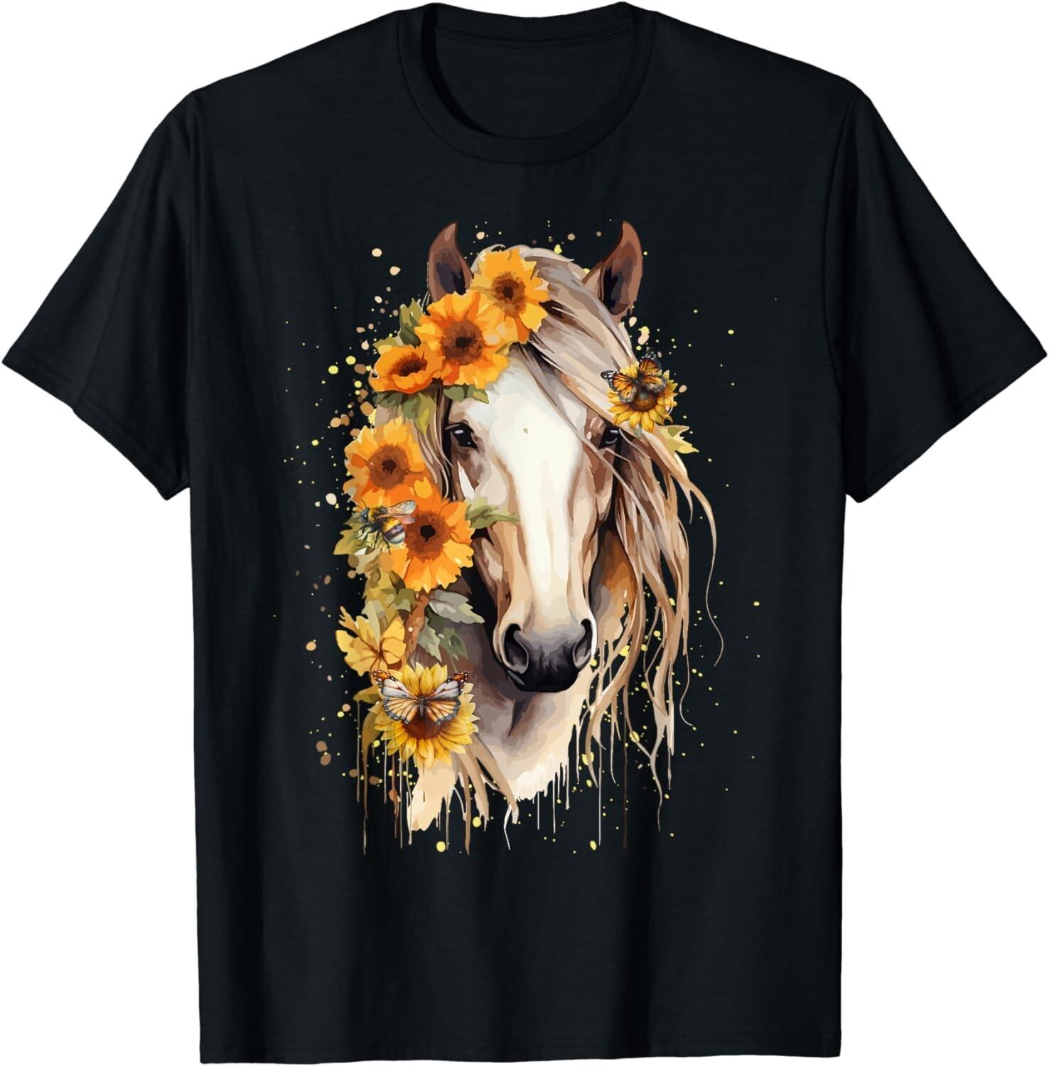 Sunflower Horse Portrait CowGirl Equestrian Horseback Riding Gift Unisex T-Shirt Mens Womens Tees Top S