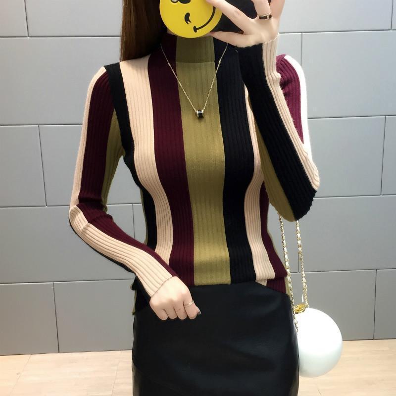 Women's Striped Color Block Slim Fit Knitted Sweater - Half High Neck, Short, New for 2025 Autumn/Winter
