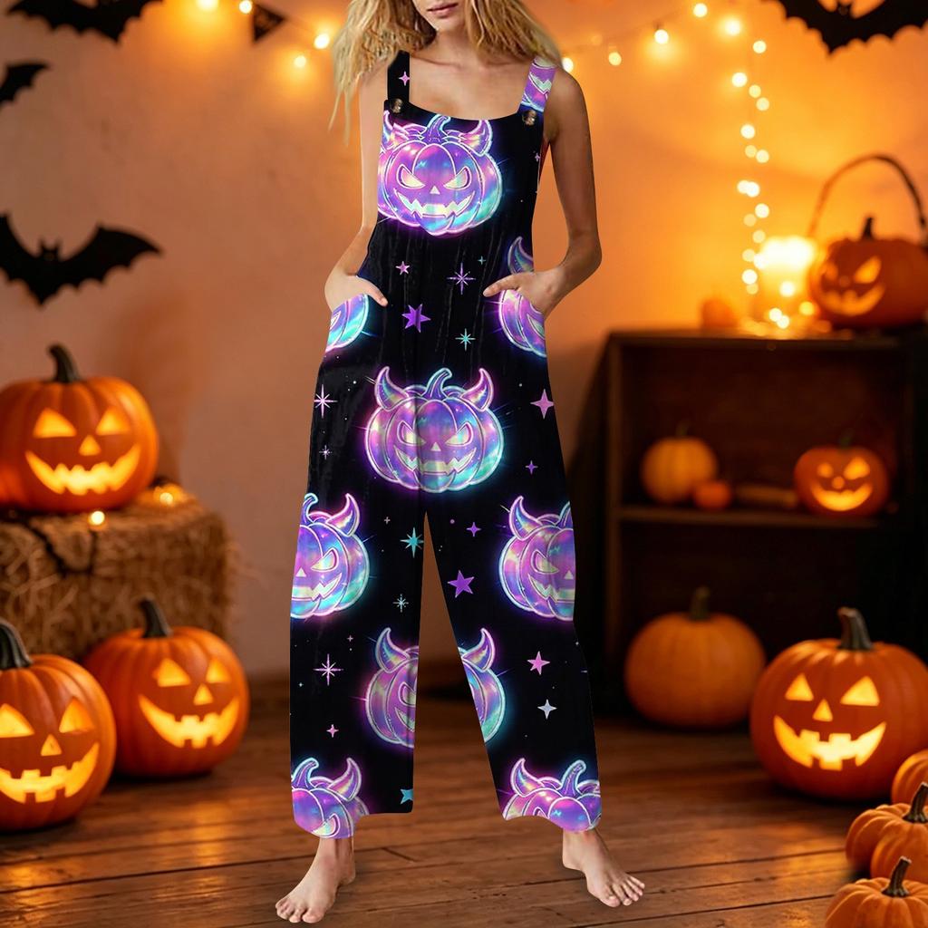 Women's Sleeveless Jumpsuit Halloween Pumpkin Print Cotton Casual Overalls Wide Leg Romper