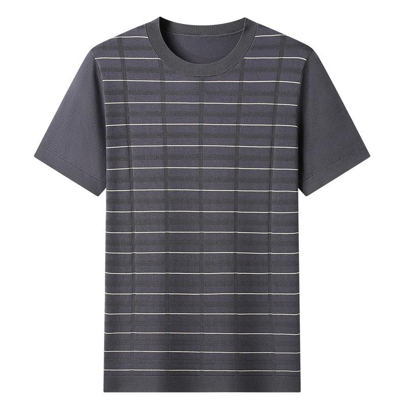Men's Striped Round Neck Tencel Cotton Silk Short Sleeve T-shirt