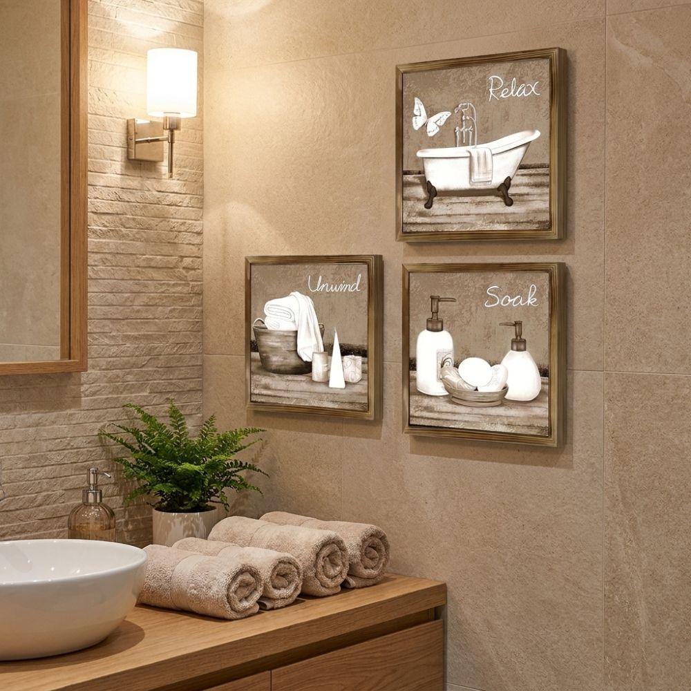 3Pcs Farmhouse Bathroom Wooden Plaques Vintage Relax Soak Unwind Wall Art Home Bathroom
