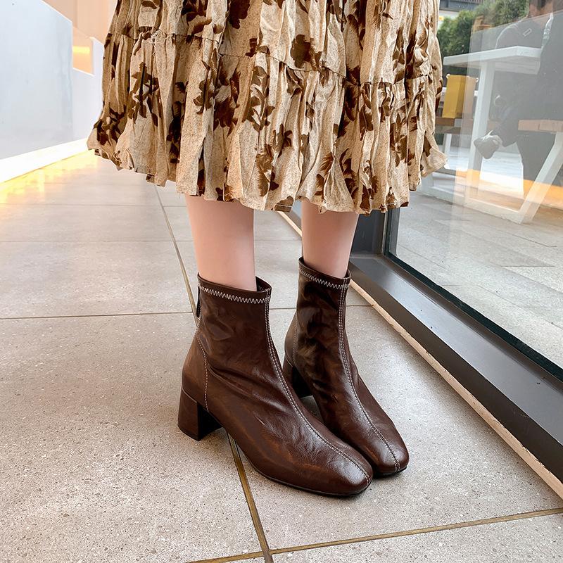 Autumn And Winter New Soft Leather French Square Head Thin Boots Women'S Versatile Korean Thick High Heel Bare Boots Martin Boots Retro Short Boots