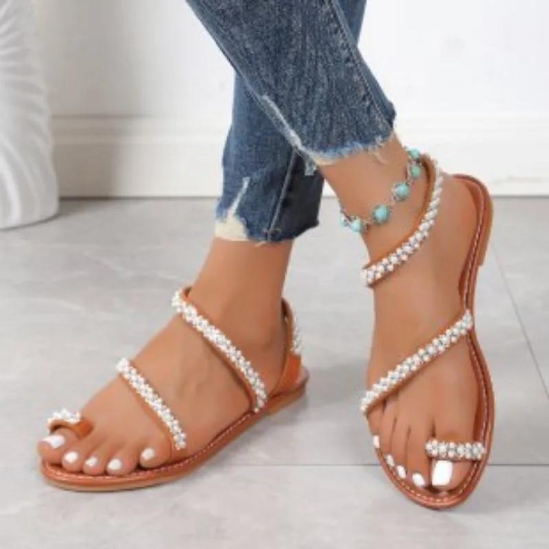 Fashion Casual Sandals Women 2024 Plus Size Female Shoes Thong Women's Sandals Outdoor Crystal String Bead Slip on Flat with Shoes Women