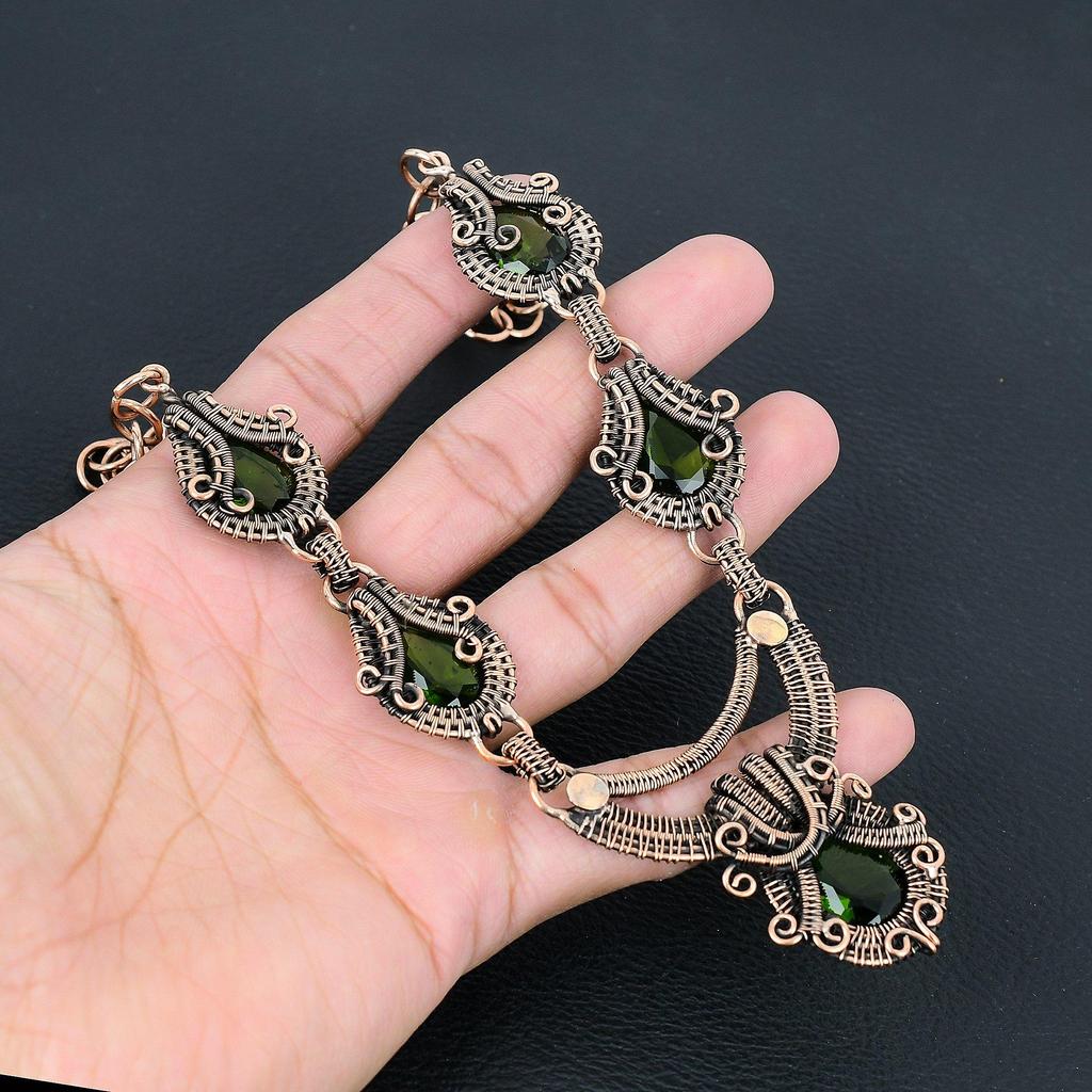 Peridot Drahokam Ručně vyráběný Čistá Měď Drátový Oplet Šperky Náhrdelník Pro Ženy