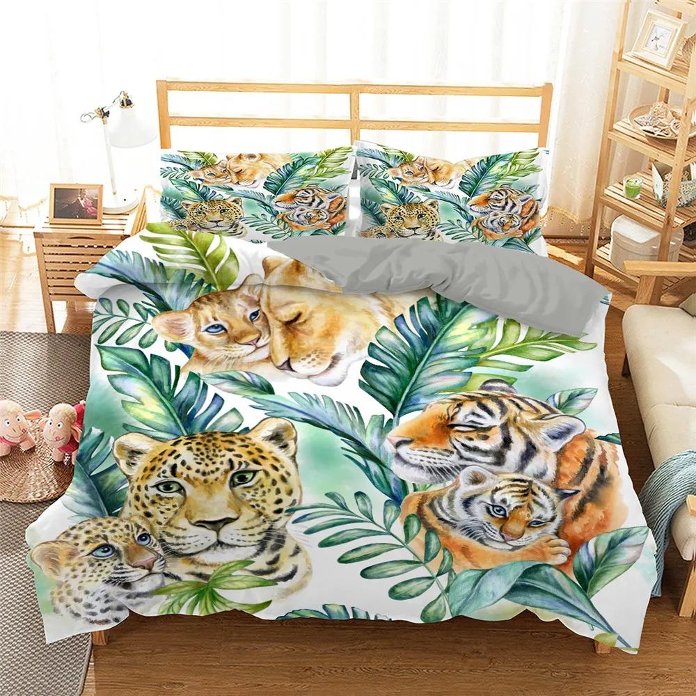 Jungle Animal Duvet Cover King Queen Tropical Plants Palm Leaves Bedding Set Kids Tiger Wildlife 23pcs Polyester Quilt Cover