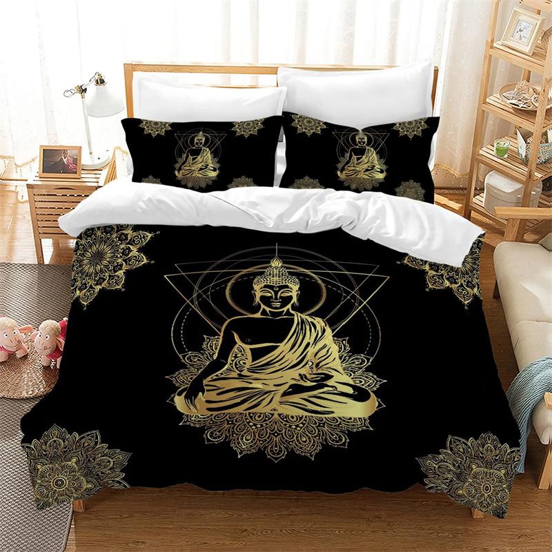 Mandala Buddha Duvet Cover Set King Size Exotic Ethnic Bohemian Bedding Set Golden Black Lotus Flowers Print Gorgeous Women Men