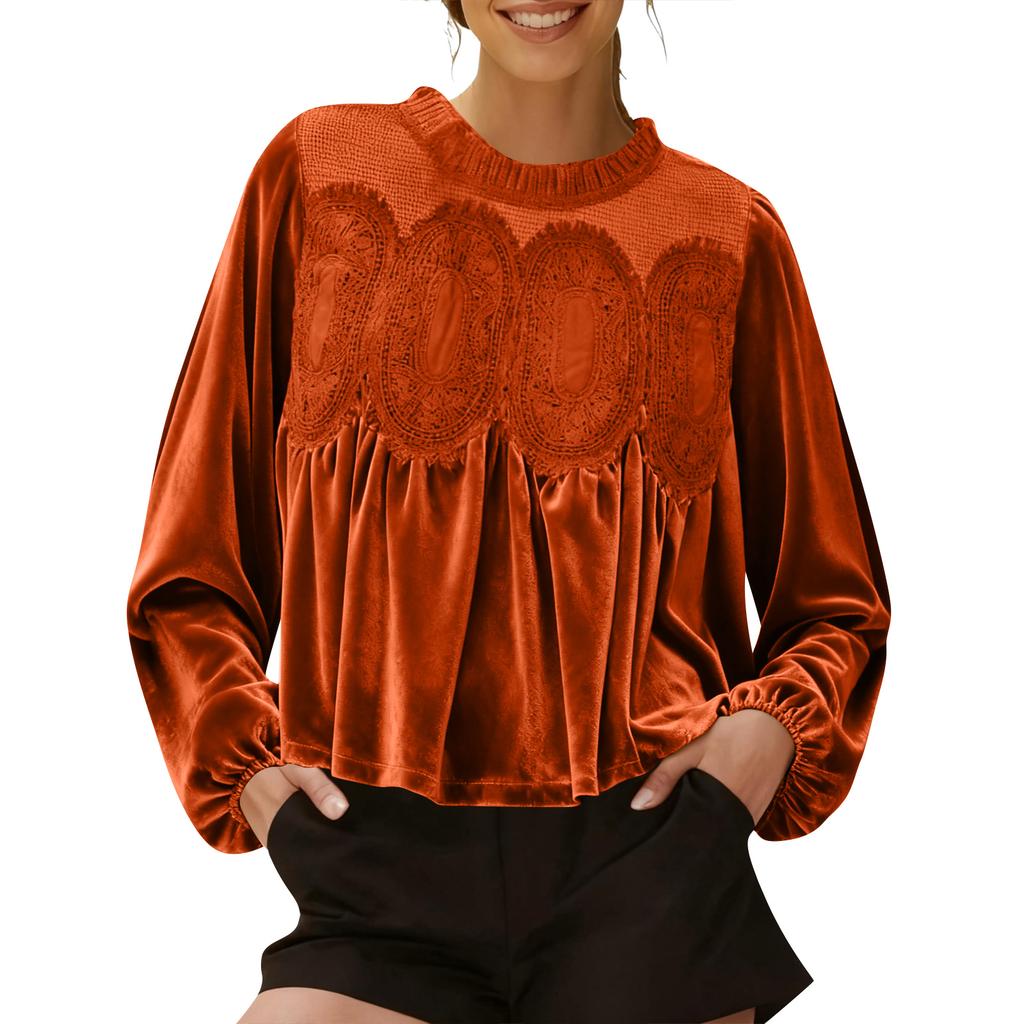Loose-fitting, Slimming Mid-length Long-sleeved Solid Color Top With Mesh And Velvet Splicing