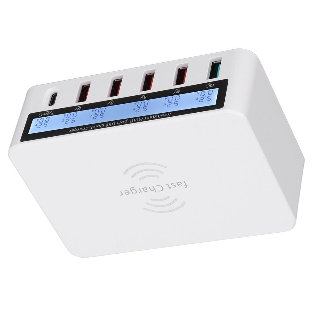 USB Phone Charging Station Block 40W 6 Port QC 3.0 Charging Hub Wireless Charging Base with LCD